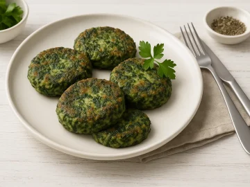 Spinatbuletten auf weißem Teller, serviert mit frischer Kräuterdekoration auf weißem Holztisch.