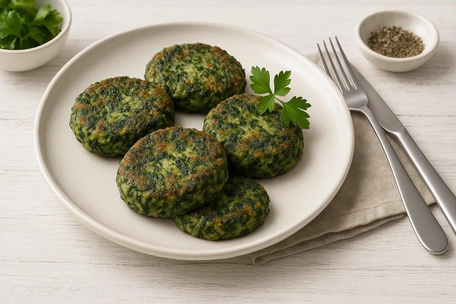 Spinatbuletten auf weißem Teller, serviert mit frischer Kräuterdekoration auf weißem Holztisch.