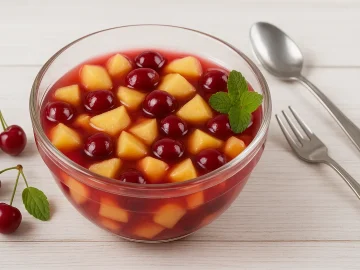 Fruchtiges Apfel-Kirsch-Kompott in einer klaren Glasschale, serviert auf weißem Holzhintergrund mit frischen Kirschen als Deko