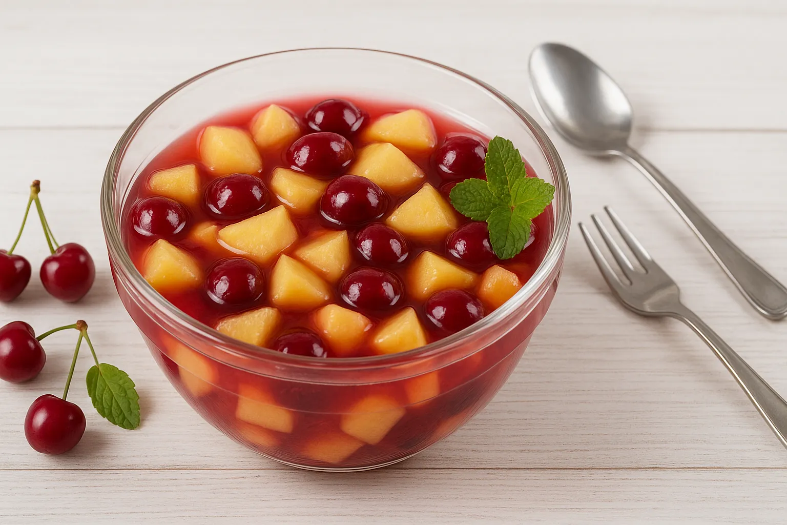 Fruchtiges Apfel-Kirsch-Kompott in einer klaren Glasschale, serviert auf weißem Holzhintergrund mit frischen Kirschen als Deko