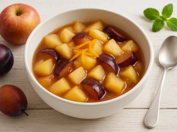 Apfel-Pflaumen-Kompott mit Orangenschale in weißer Schüssel auf Holzhintergrund serviert