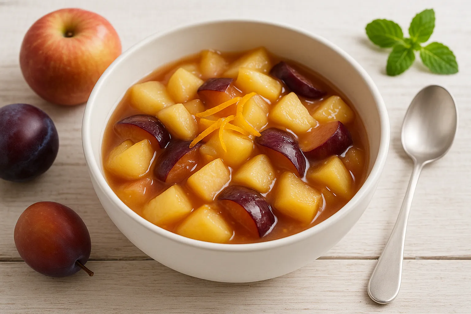 Apfel-Pflaumen-Kompott mit Orangenschale in weißer Schüssel auf Holzhintergrund serviert