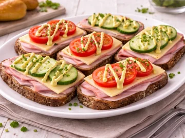 Weiße Servierplatte mit belegten Broten aus Schwarzbrot, Schinken, Schweizer Käse und Tomaten- bzw. Gurkenscheiben auf weißem Holzhintergrund