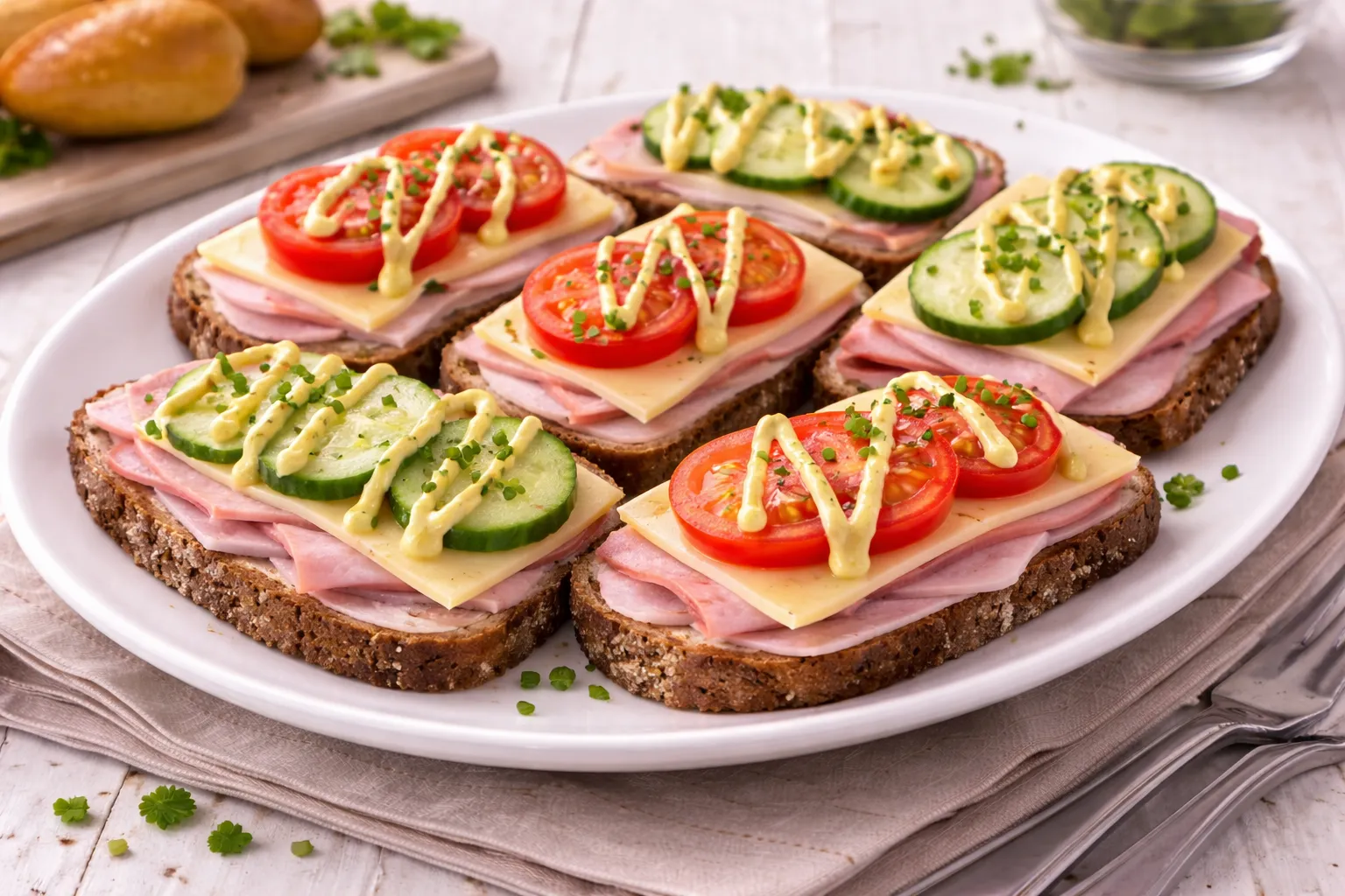 Weiße Servierplatte mit belegten Broten aus Schwarzbrot, Schinken, Schweizer Käse und Tomaten- bzw. Gurkenscheiben auf weißem Holzhintergrund