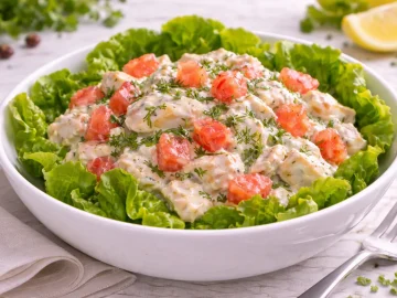 Fischcocktail mit cremiger Soße und Grapefruitstücken auf Salat in weißer Schale