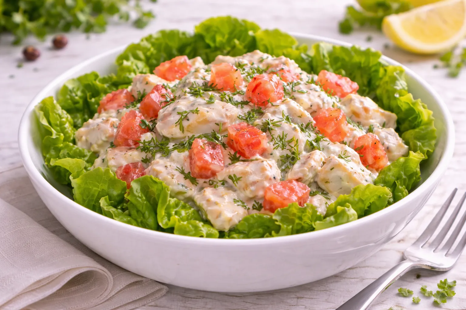 Fischcocktail mit cremiger Soße und Grapefruitstücken auf Salat in weißer Schale