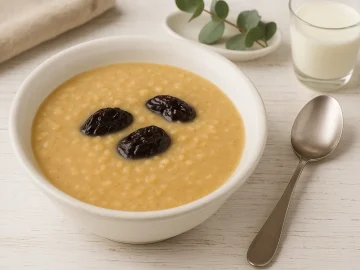 Haferflockensuppe mit Backpflaumen in weißem DDR-Teller auf hellem Holz mit Besteck und Deko