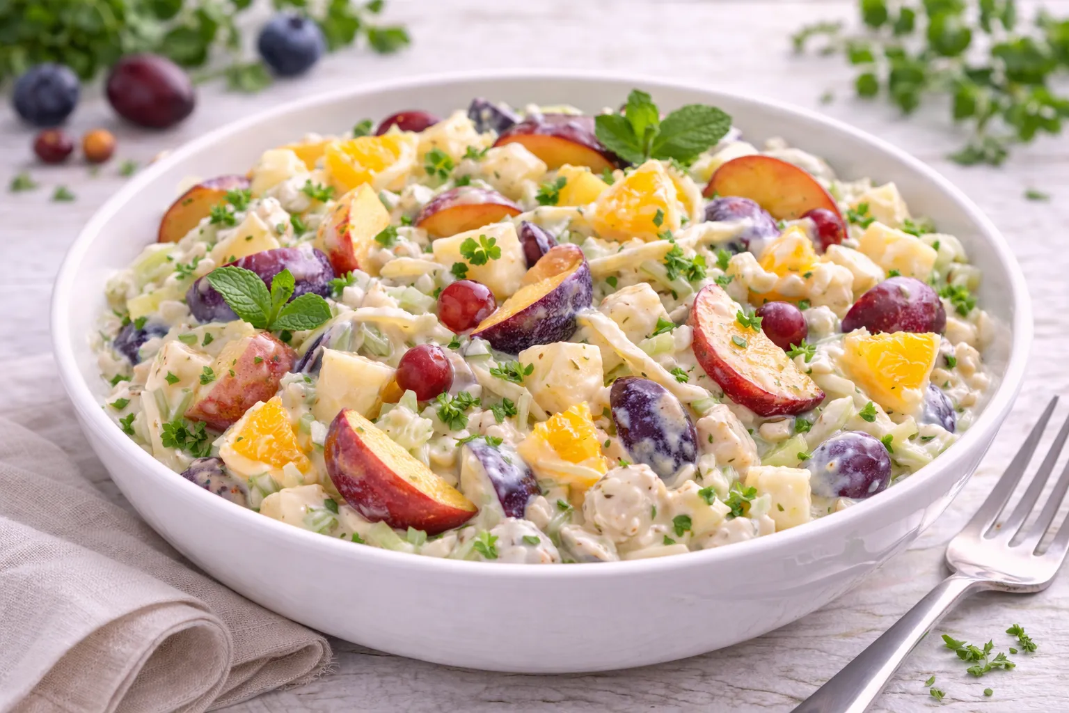 Obstsalat mit Äpfeln, Pflaumen und Sellerie in cremiger Soße auf hellem Holzhintergrund