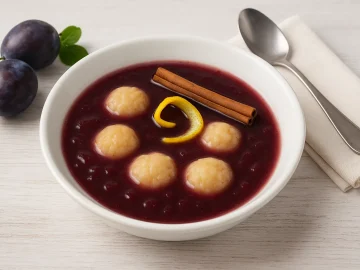 Pflaumensuppe mit Klößen in weißer Suppenschüssel, dekoriert mit Zimt und Zitronenschale
