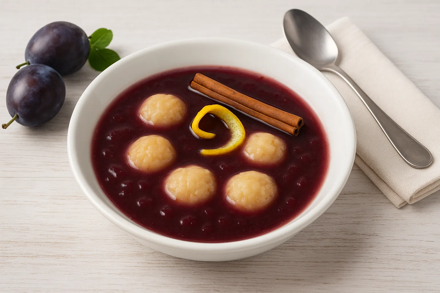 Pflaumensuppe mit Klößen in weißer Suppenschüssel, dekoriert mit Zimt und Zitronenschale