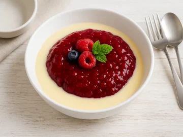 Rote Grütze in einer weißen Schüssel, serviert mit Vanillesoße und frischen Beeren auf hellem Holztisch