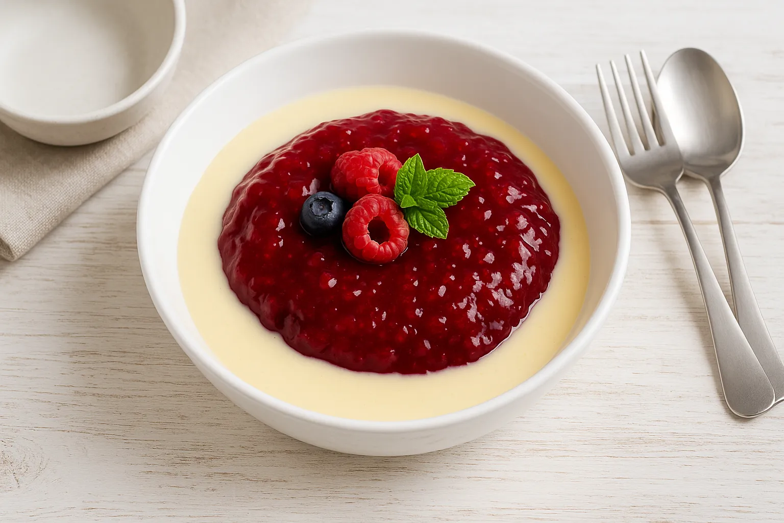 Rote Grütze in einer weißen Schüssel, serviert mit Vanillesoße und frischen Beeren auf hellem Holztisch