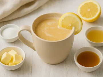 Heiß servierter Weißwein-Punsch in hellem Becher auf weißem Holzhintergrund