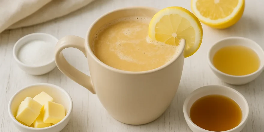 Heiß servierter Weißwein-Punsch in hellem Becher auf weißem Holzhintergrund