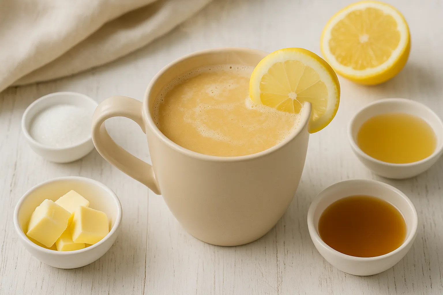 Heiß servierter Weißwein-Punsch in hellem Becher auf weißem Holzhintergrund