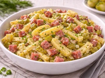 Bauernsalat mit Käsescheiben, Kochsalami und Gewürzgurken in weißer Schüssel auf hellem Holzhintergrund