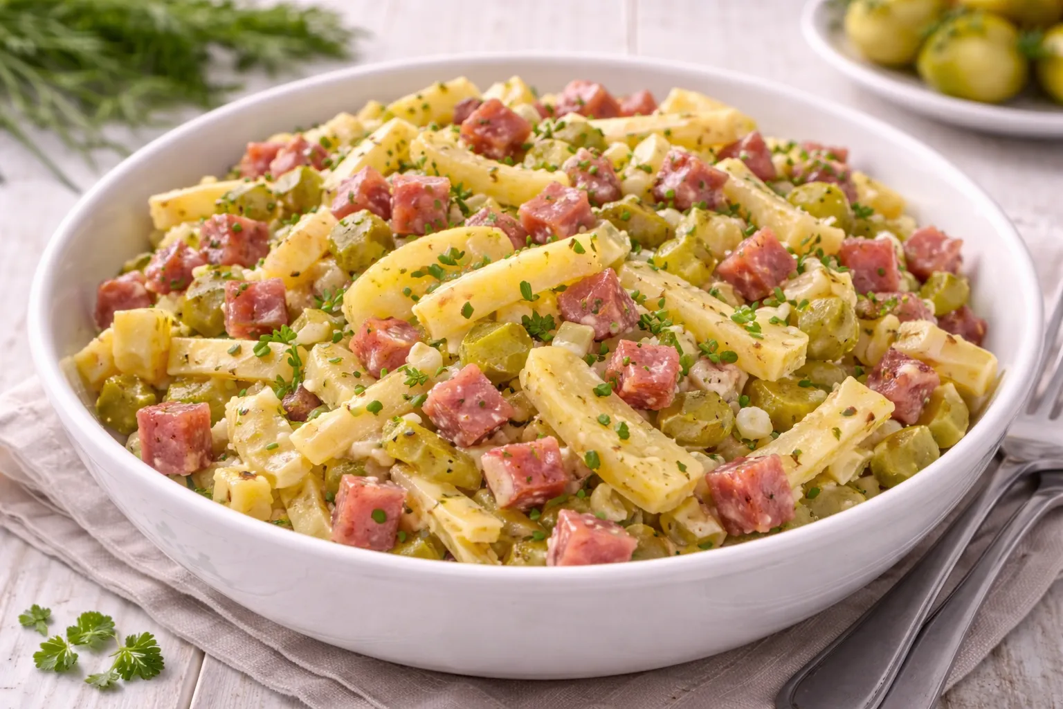 Bauernsalat mit Käsescheiben, Kochsalami und Gewürzgurken in weißer Schüssel auf hellem Holzhintergrund