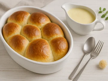 Goldbraune Buchteln aus Hefeteig mit heißer Vanillesoße auf weißem Holztisch