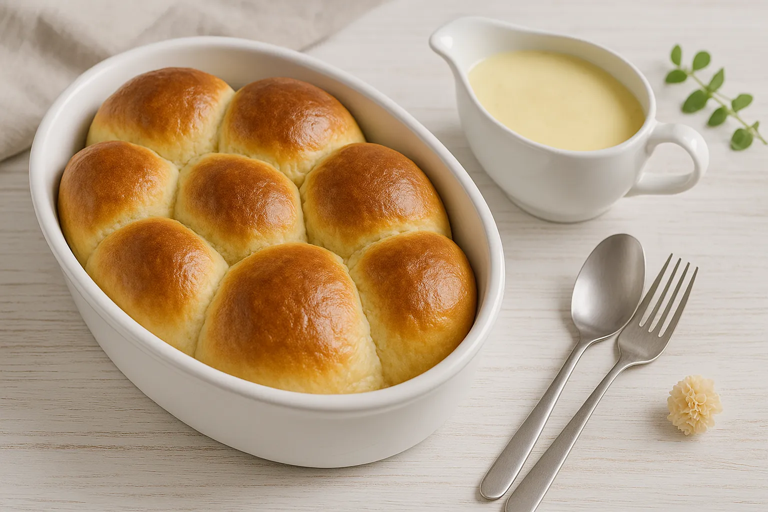 Goldbraune Buchteln aus Hefeteig mit heißer Vanillesoße auf weißem Holztisch