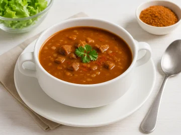 Gebundene Gulaschsuppe mit Rindfleischwürfeln in einem weißen tiefen Teller auf hellem Holzhintergrund, daneben Gewürzschale, Salat und Besteck.