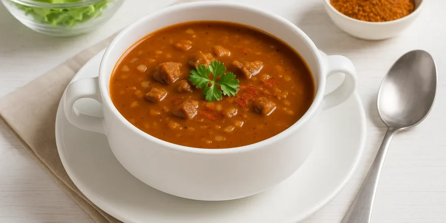 Gebundene Gulaschsuppe mit Rindfleischwürfeln in einem weißen tiefen Teller auf hellem Holzhintergrund, daneben Gewürzschale, Salat und Besteck.
