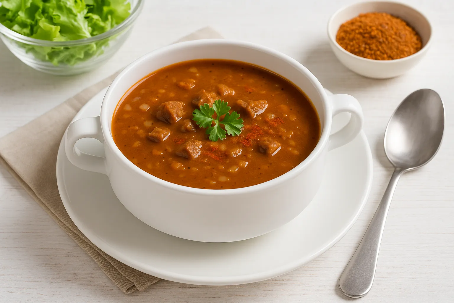 Gebundene Gulaschsuppe mit Rindfleischwürfeln in einem weißen tiefen Teller auf hellem Holzhintergrund, daneben Gewürzschale, Salat und Besteck.
