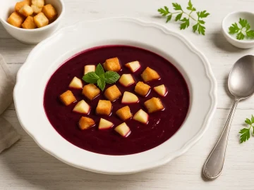 Holunderbeersuppe im weißen Suppenteller, serviert mit Apfelstücken und Brotcroutons auf Holztisch