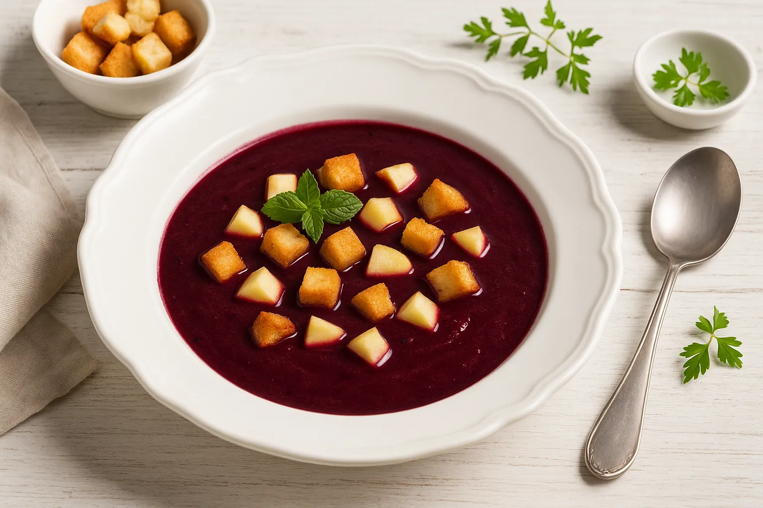 Holunderbeersuppe im weißen Suppenteller, serviert mit Apfelstücken und Brotcroutons auf Holztisch