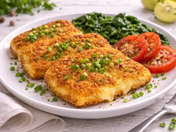 Goldbraun gebratenes Käseschnitzel mit Tomatenscheiben auf hellem Holzhintergrund