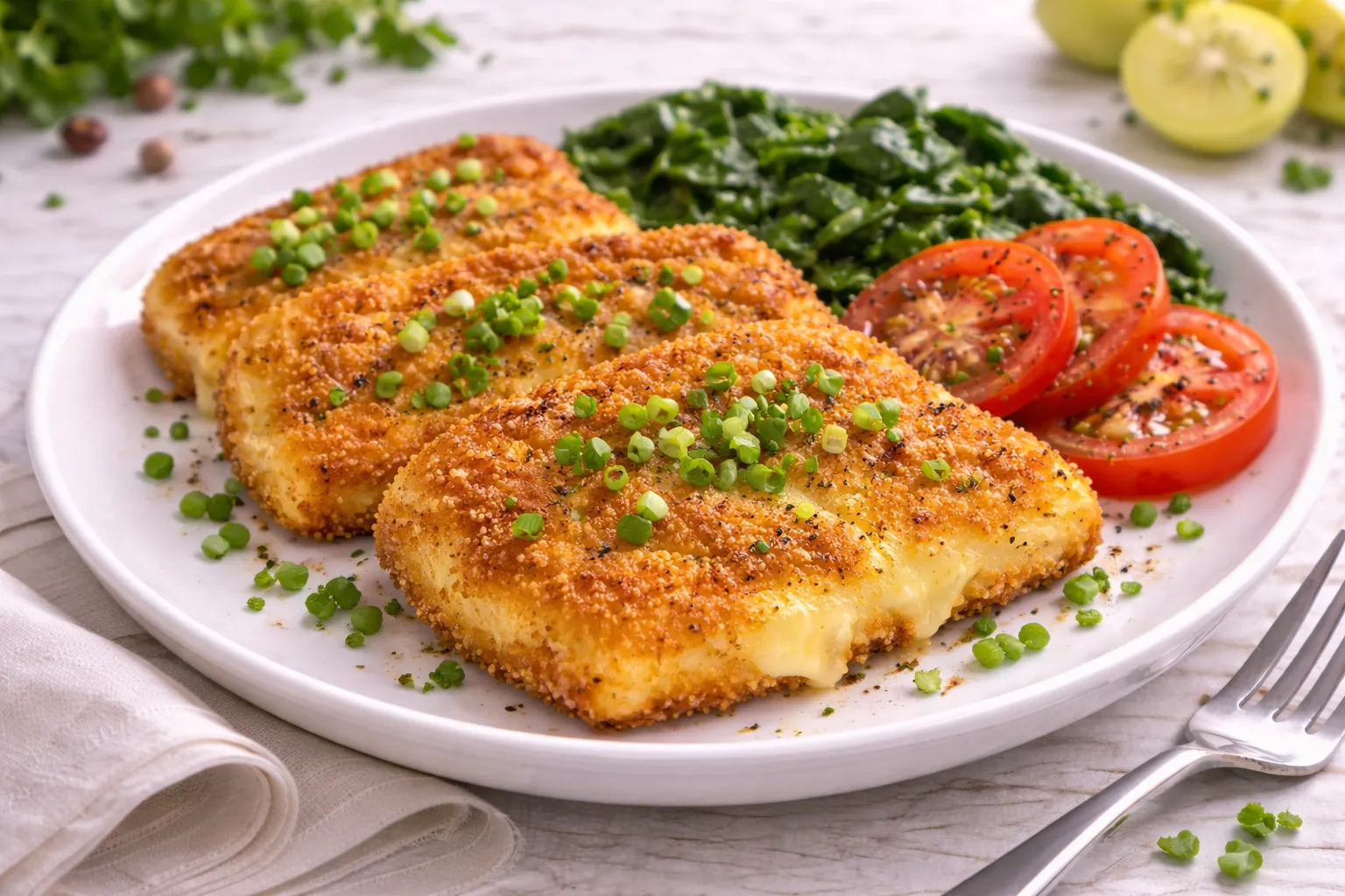 Goldbraun gebratenes Käseschnitzel mit Tomatenscheiben auf hellem Holzhintergrund