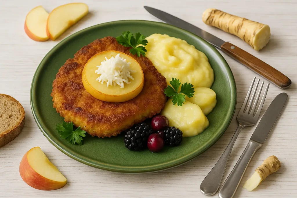 Schweinekotelett auf russische Art mit Apfelscheibe und Meerrettich auf grünem Teller, dekoriert mit Brot und Petersilie auf weißem Holztisch.