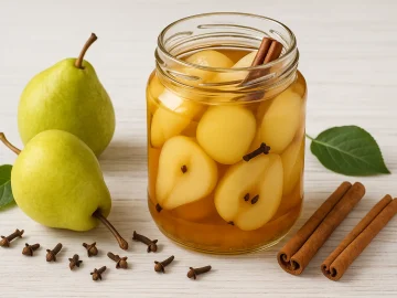 Eingelegte süßsaure Birnenhälften in einem Glas mit Zimtstange, Nelken und dekorativen Blättern auf hellem Holzhintergrund