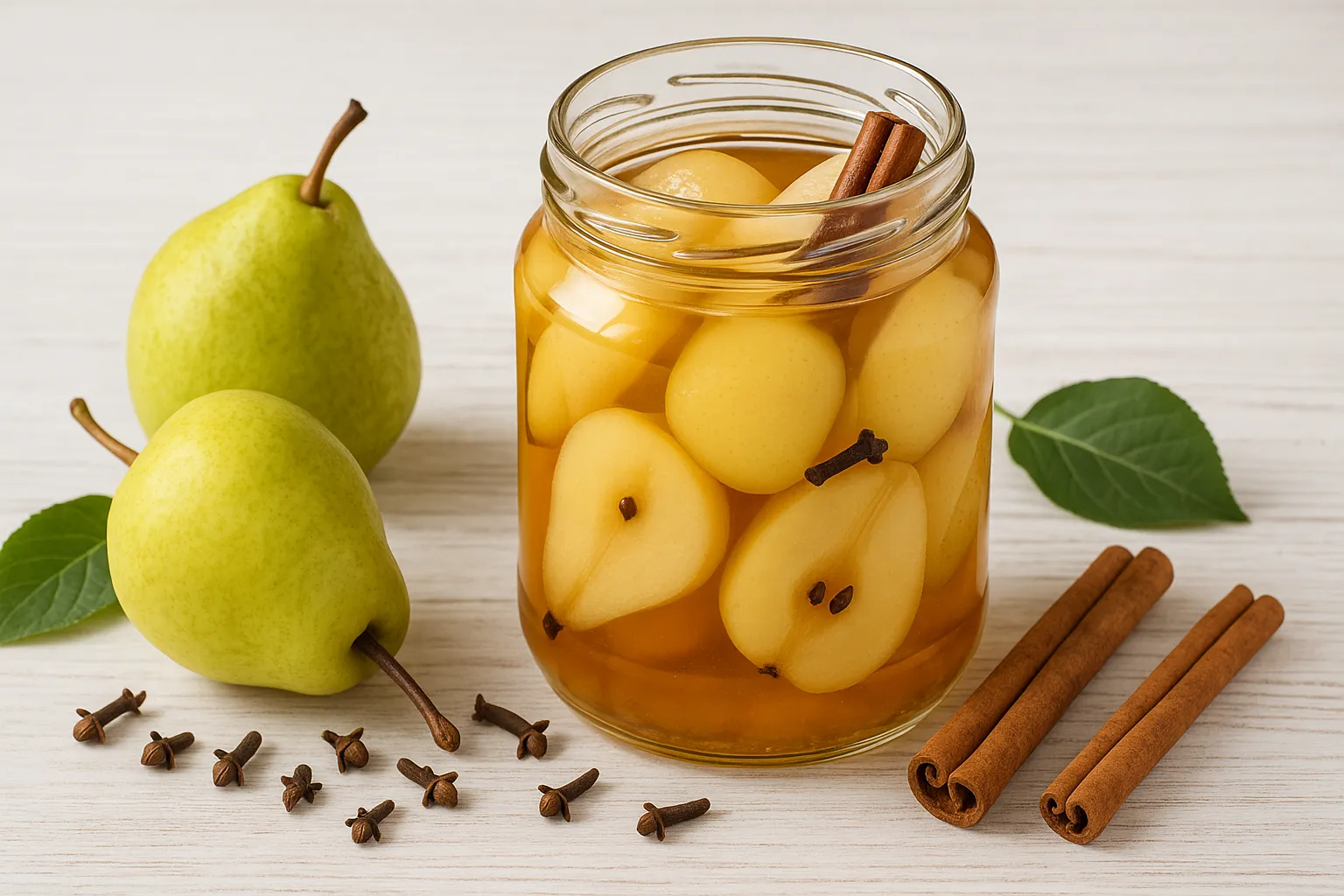  Eingelegte süßsaure Birnenhälften in einem Glas mit Zimtstange, Nelken und dekorativen Blättern auf hellem Holzhintergrund