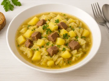 Weißkohleintopf mit Rindfleisch, Kartoffeln, Speck und Petersilie in weißem Teller auf Holztisch