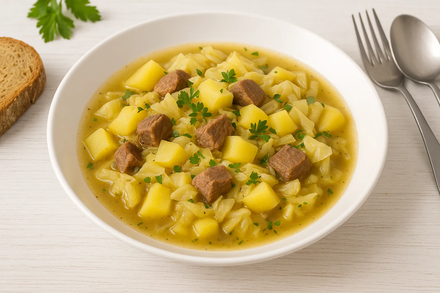 Weißkohleintopf mit Rindfleisch, Kartoffeln, Speck und Petersilie in weißem Teller auf Holztisch