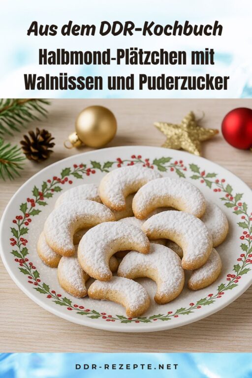 Halbmond-Plätzchen mit Walnüssen und Puderzucker