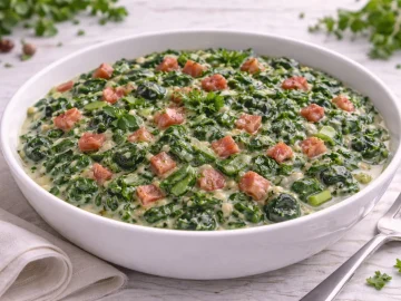 Spinatgericht mit Speckwürfeln in cremiger Soße auf hellem Holzhintergrund