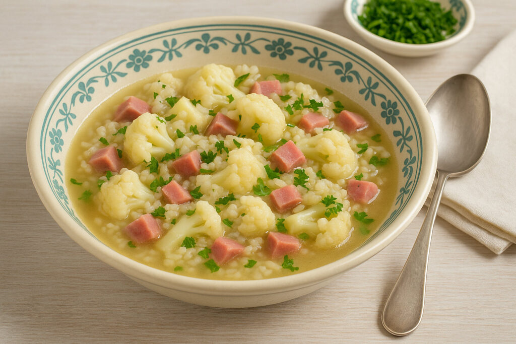 Blumenkohl mit Reis in einem Topf