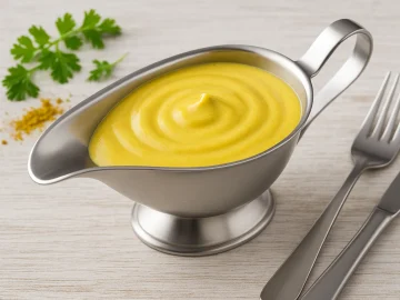 Gelbe cremige Curry-Soße aus Frischkäse in einer Edelstahlsauciere auf hellem Holzhintergrund mit Kräuterdeko.