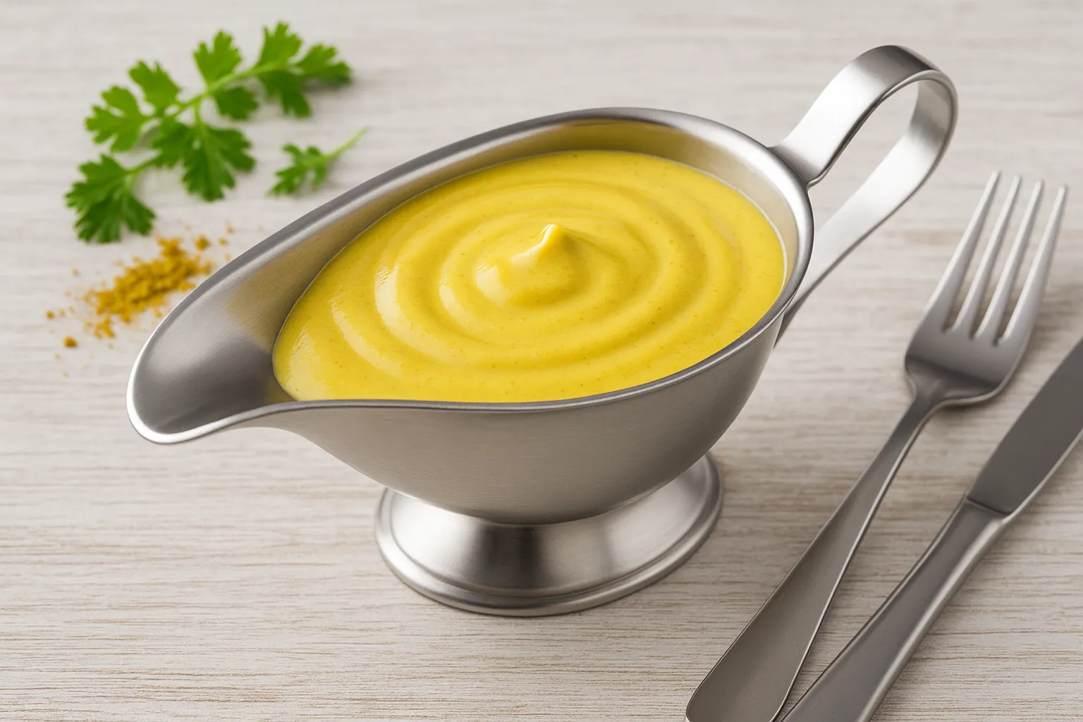 Gelbe cremige Curry-Soße aus Frischkäse in einer Edelstahlsauciere auf hellem Holzhintergrund mit Kräuterdeko.