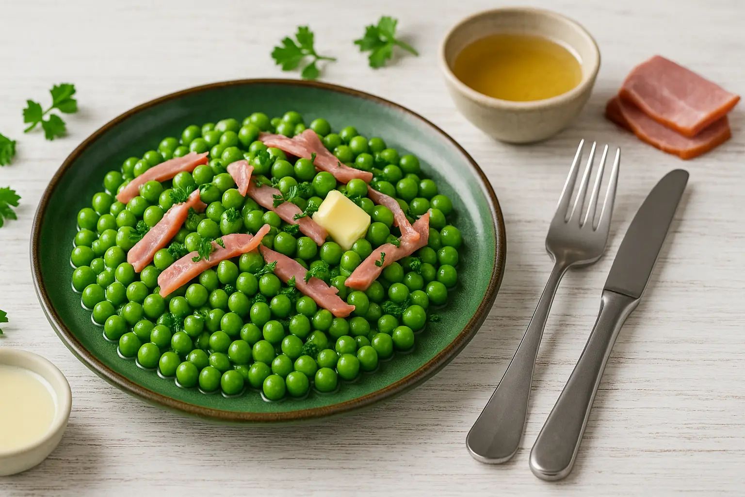  Erbsen und Schinken auf grünem DDR-Teller, dekoriert mit Petersilie und rohem Schinken, auf weißem Holztisch serviert.