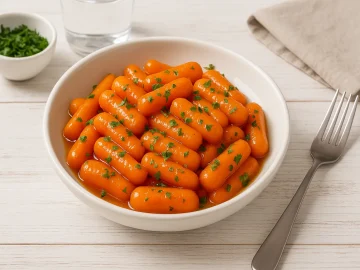 Glasierte Möhrchen mit Petersilie in weißer Schale auf weißem Holztisch, serviert mit moderner Tischdekoration.