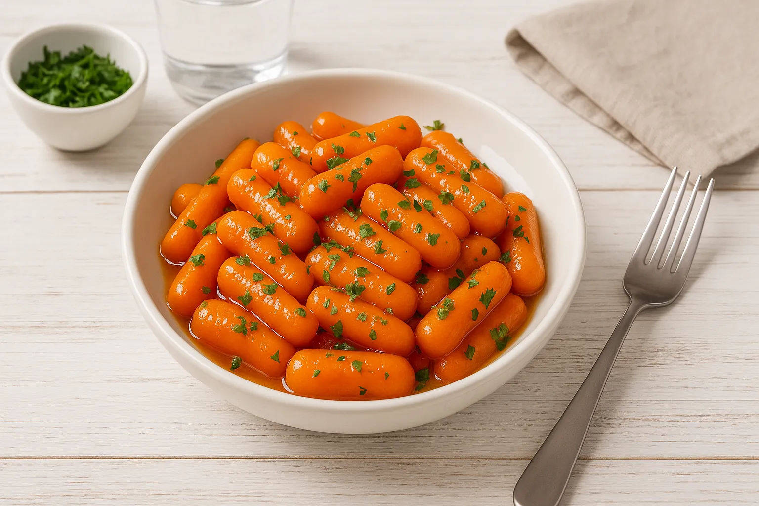  Glasierte Möhrchen mit Petersilie in weißer Schale auf weißem Holztisch, serviert mit moderner Tischdekoration.