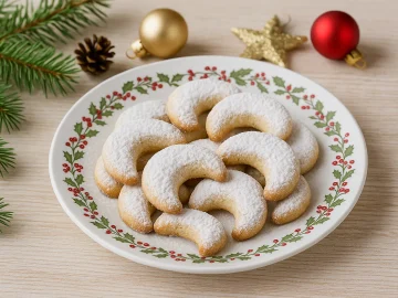 Halbmond-Plätzchen mit Walnüssen und Puderzucker, angerichtet auf einem festlichen Weihnachtsteller mit Weihnachtsdeko