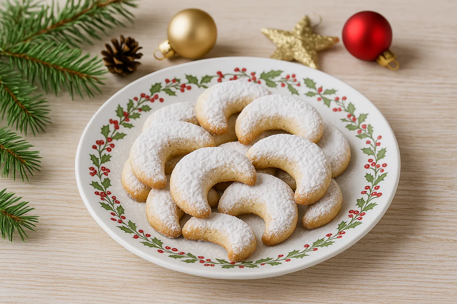 Halbmond-Plätzchen mit Walnüssen und Puderzucker, angerichtet auf einem festlichen Weihnachtsteller mit Weihnachtsdeko