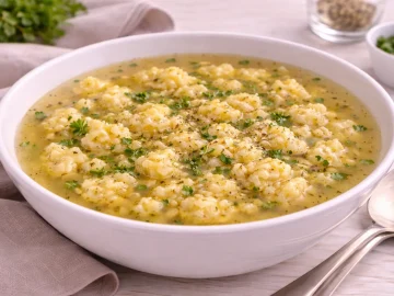 Käse-Einlaufsuppe in weißem Suppenteller mit klarer Brühe und kleiner Einlauf-Einlage, auf hellem Holztisch mit Löffel.