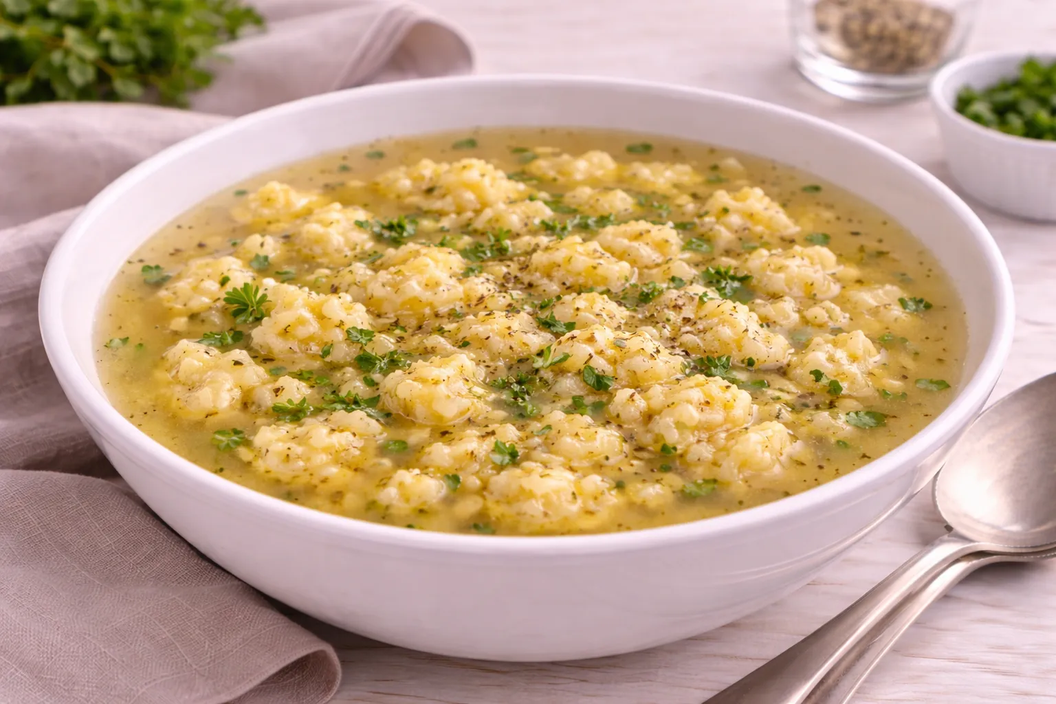 Käse-Einlaufsuppe in weißem Suppenteller mit klarer Brühe und kleiner Einlauf-Einlage, auf hellem Holztisch mit Löffel.