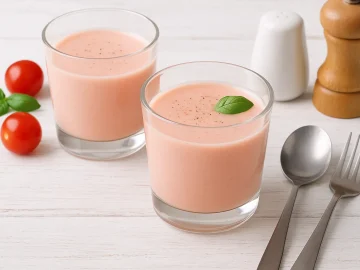 Gläser mit Milch-Tomatensaft-Mischung, dekoriert mit Pfeffer und Basilikum, auf weißem Holzhintergrund.