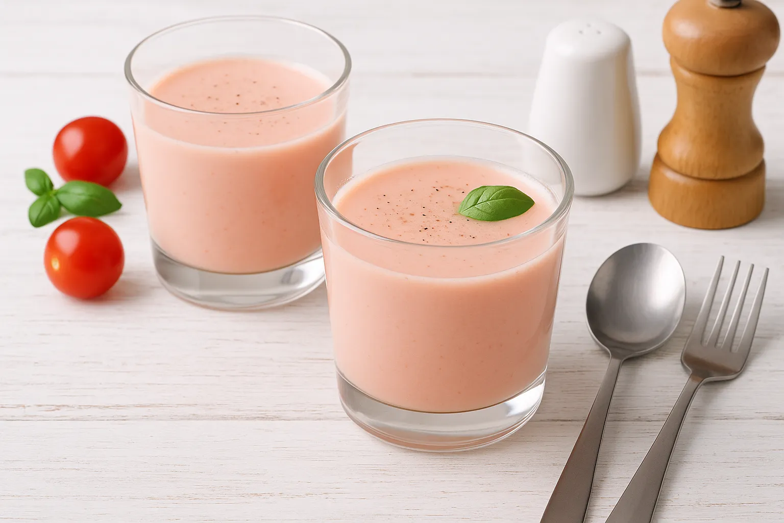 Gläser mit Milch-Tomatensaft-Mischung, dekoriert mit Pfeffer und Basilikum, auf weißem Holzhintergrund.