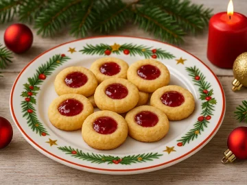Plätzchen mit Konfitüre auf weihnachtlichem Teller mit festlicher Dekoration serviert